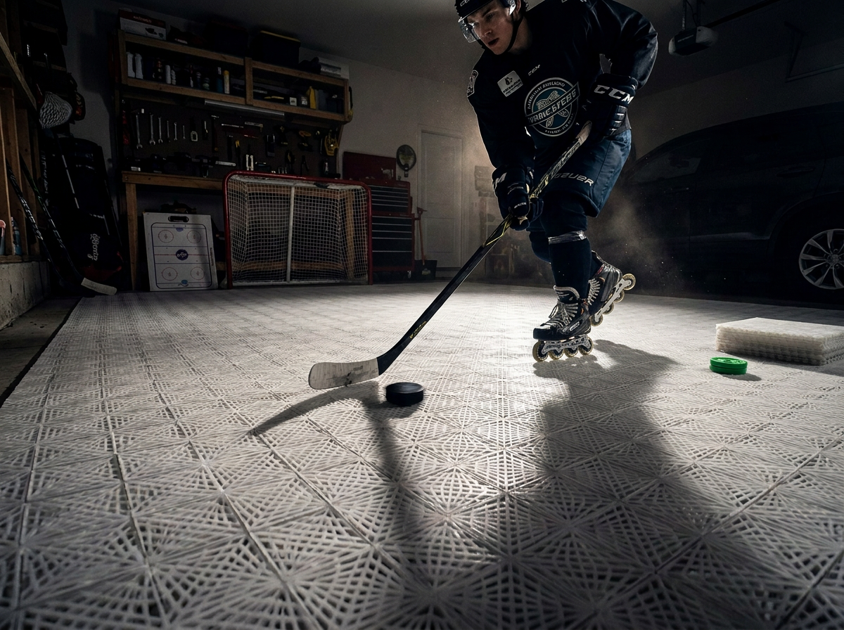 Hockey player training with real puck on HockeyTrax tiles